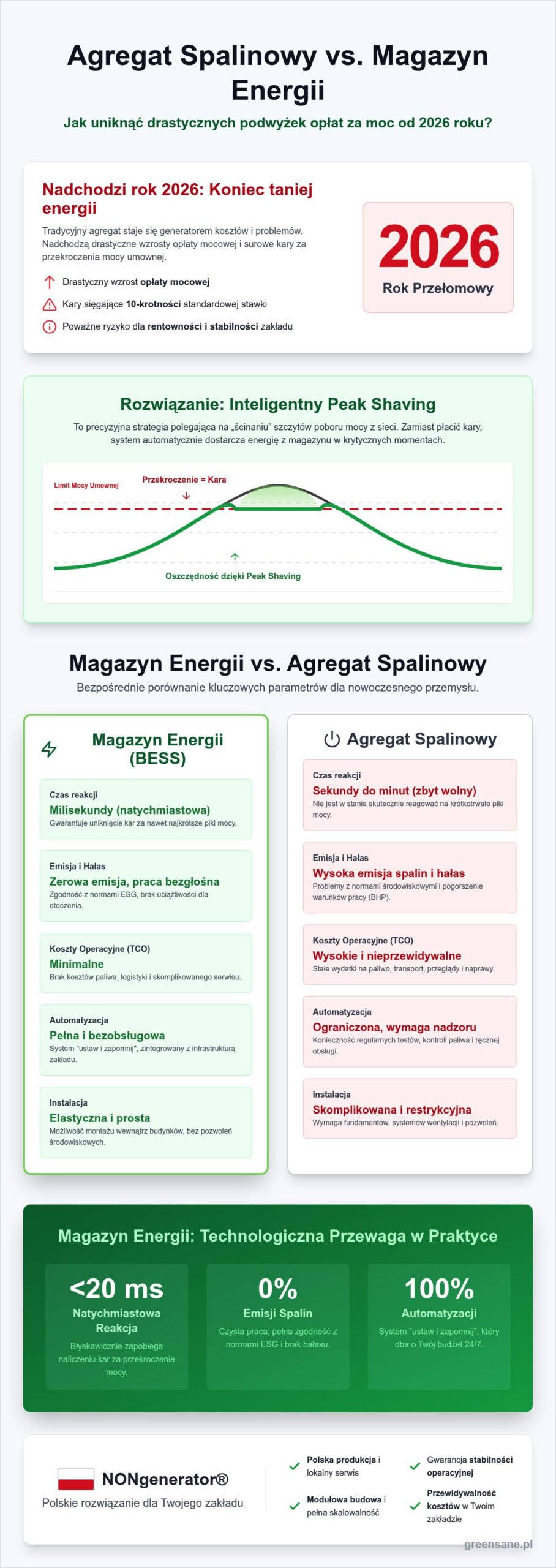 Peak shaving w przemyśle: Magazyn energii vs agregat spalinowy w 2026 roku
